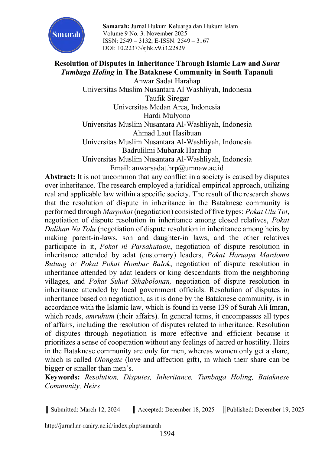 JURIS Resolution of Disputes in Inheritance Through Islamic Law and Surat Tumbaga Holing in The Bataknese Community in South Tapanuli