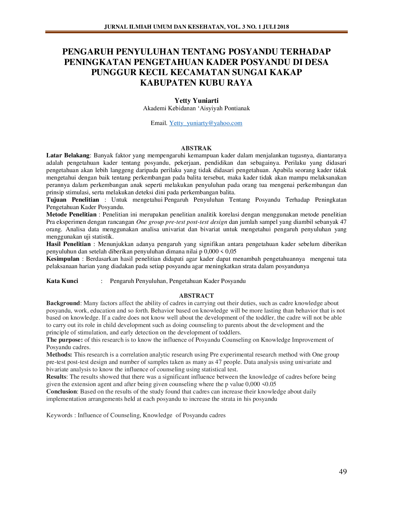 JURIS Pengaruh Penyuluhan Tentang Posyandu Terhadap Peningkatan Pengetahuan Kader Posyandu di Desa Punggur Kecil Kecamatan Sungai Kakap Kabupaten Kubu Raya