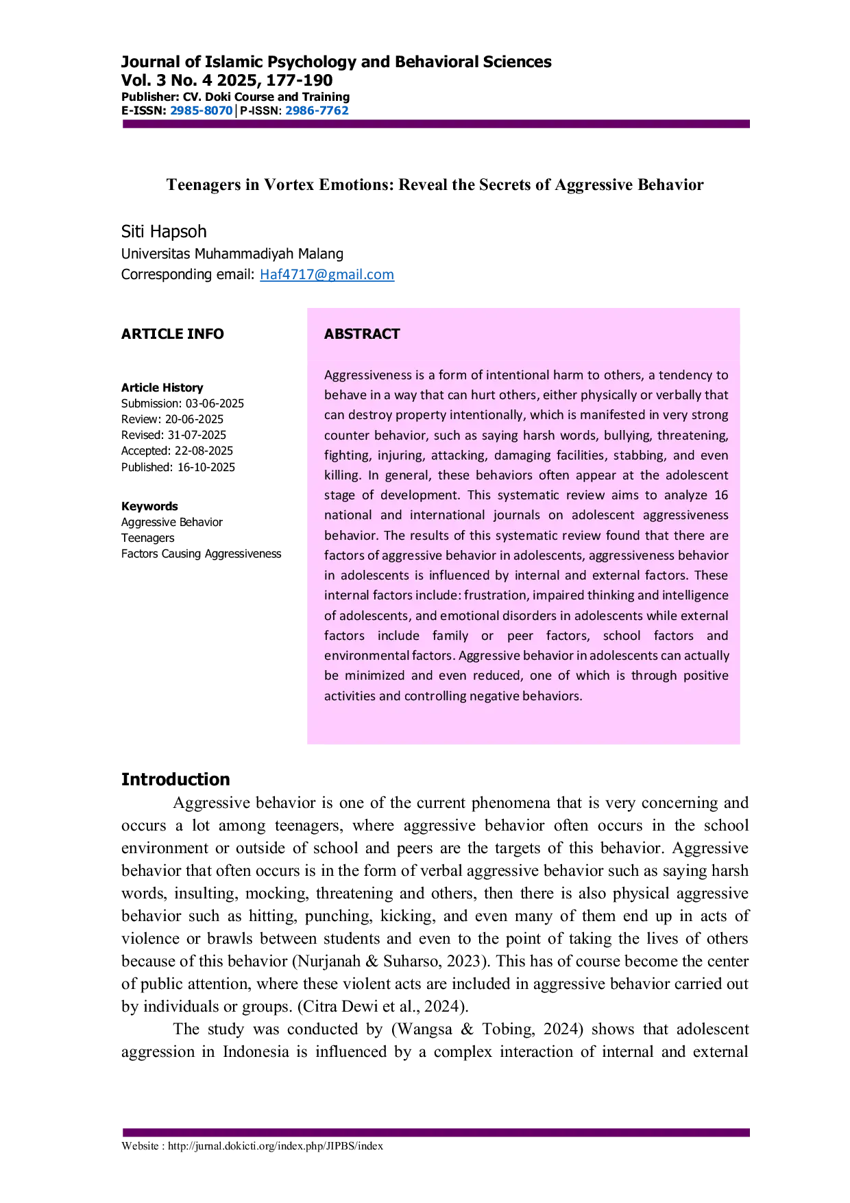 JURIS Teenagers in Vortex Emotions Reveal the Secrets of Aggressive Behavior