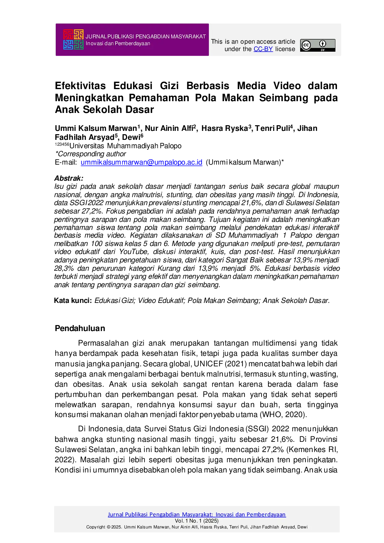 JURIS Efektivitas Edukasi Gizi Berbasis Media Video dalam Meningkatkan Pemahaman Pola Makan Seimbang pada Anak Sekolah Dasar