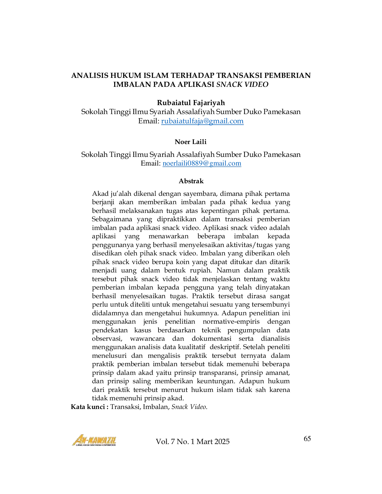 JURIS Analisis Hukum Islam Terhadap Transaksi Pemberian Imbalan Pada Aplikasi Snack Video