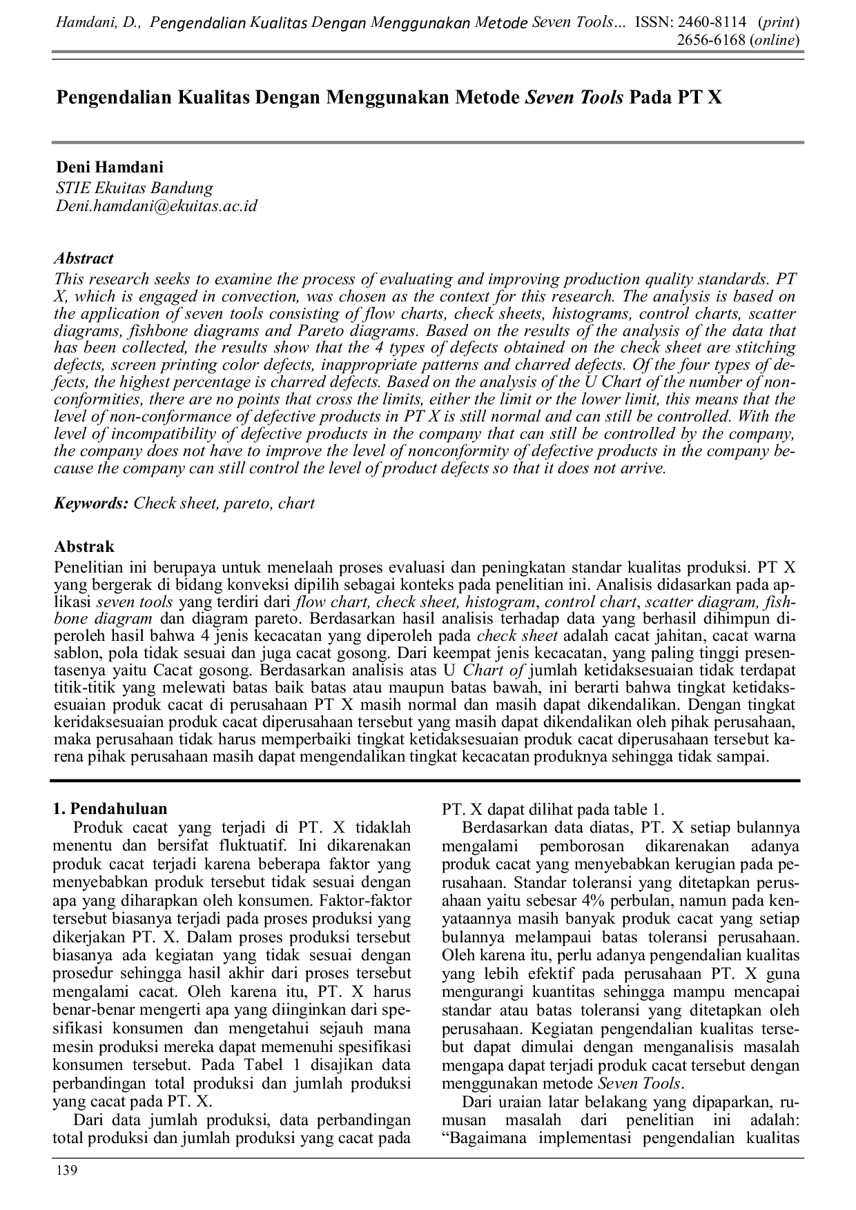 JURIS Pengendalian Kualitas Dengan Menggunakan Metode Seven Tools Pada PT X