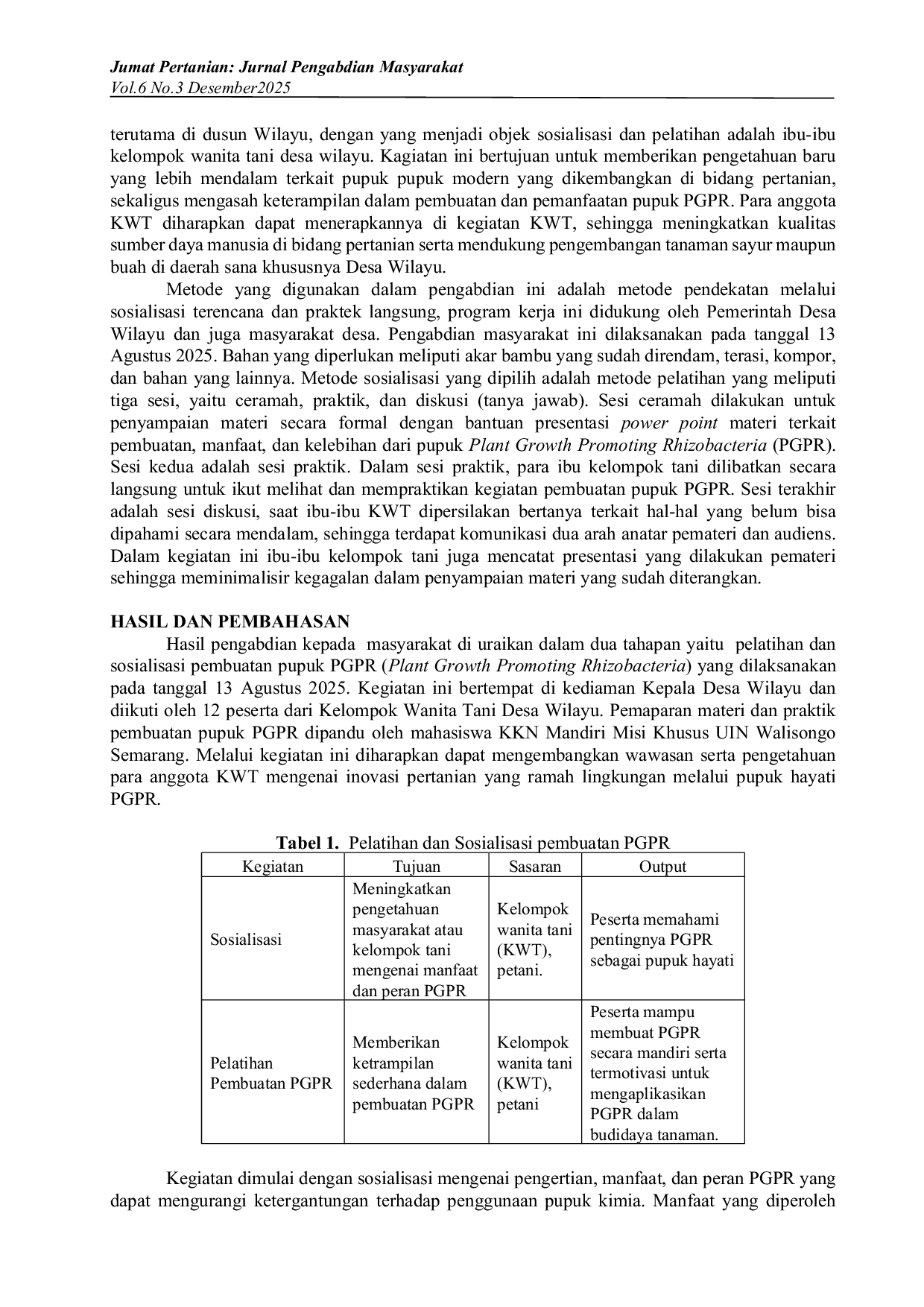 JURIS Pelatihan dan Sosialisasi Pupuk Plant Growth Promoting Rhizobacteria PGPR pada KWT di Desa Wilayu Kecamatan Selomerto Kabupaten Wonosobo