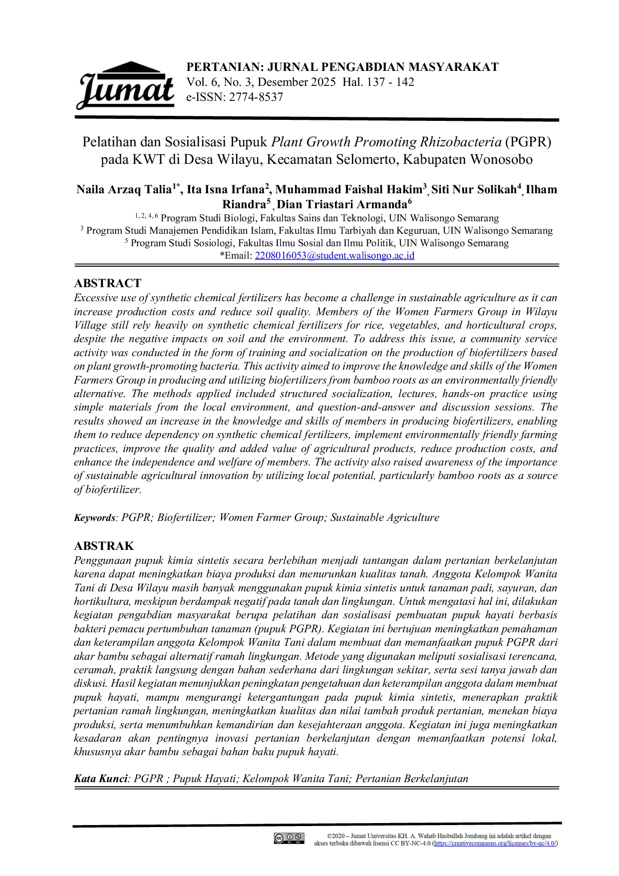 JURIS Pelatihan dan Sosialisasi Pupuk Plant Growth Promoting Rhizobacteria PGPR pada KWT di Desa Wilayu Kecamatan Selomerto Kabupaten Wonosobo
