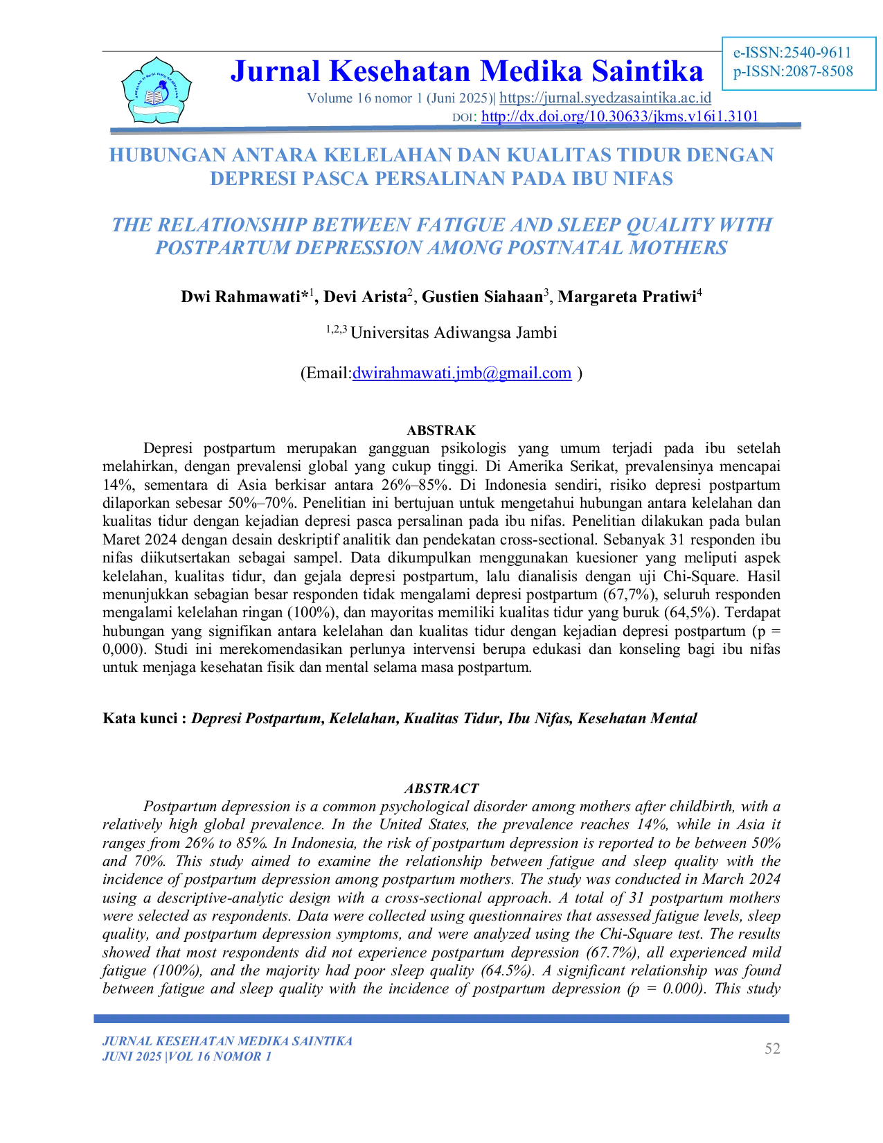 JURIS Hubungan Antara Kelelahan Dan Kualitas Tidur Dengan Depresi Pasca Persalinan Pada Ibu Nifas