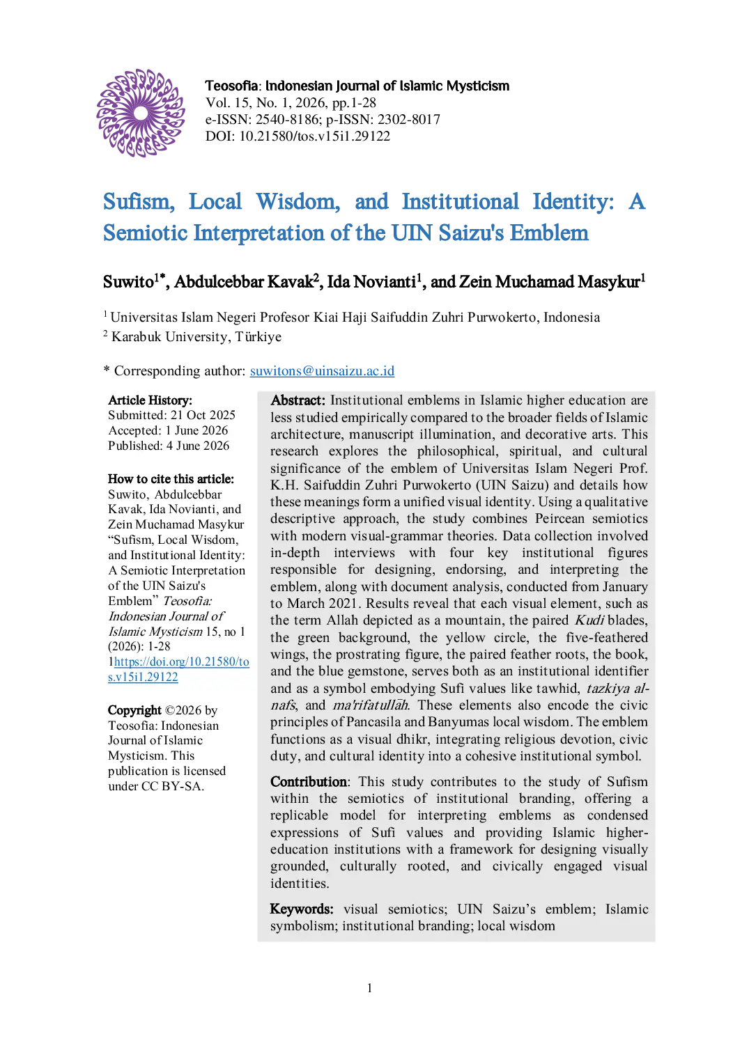 JURIS Sufism Local Wisdom and Institutional Identity A Semiotic Interpretation of the UIN Saizu s Emblem