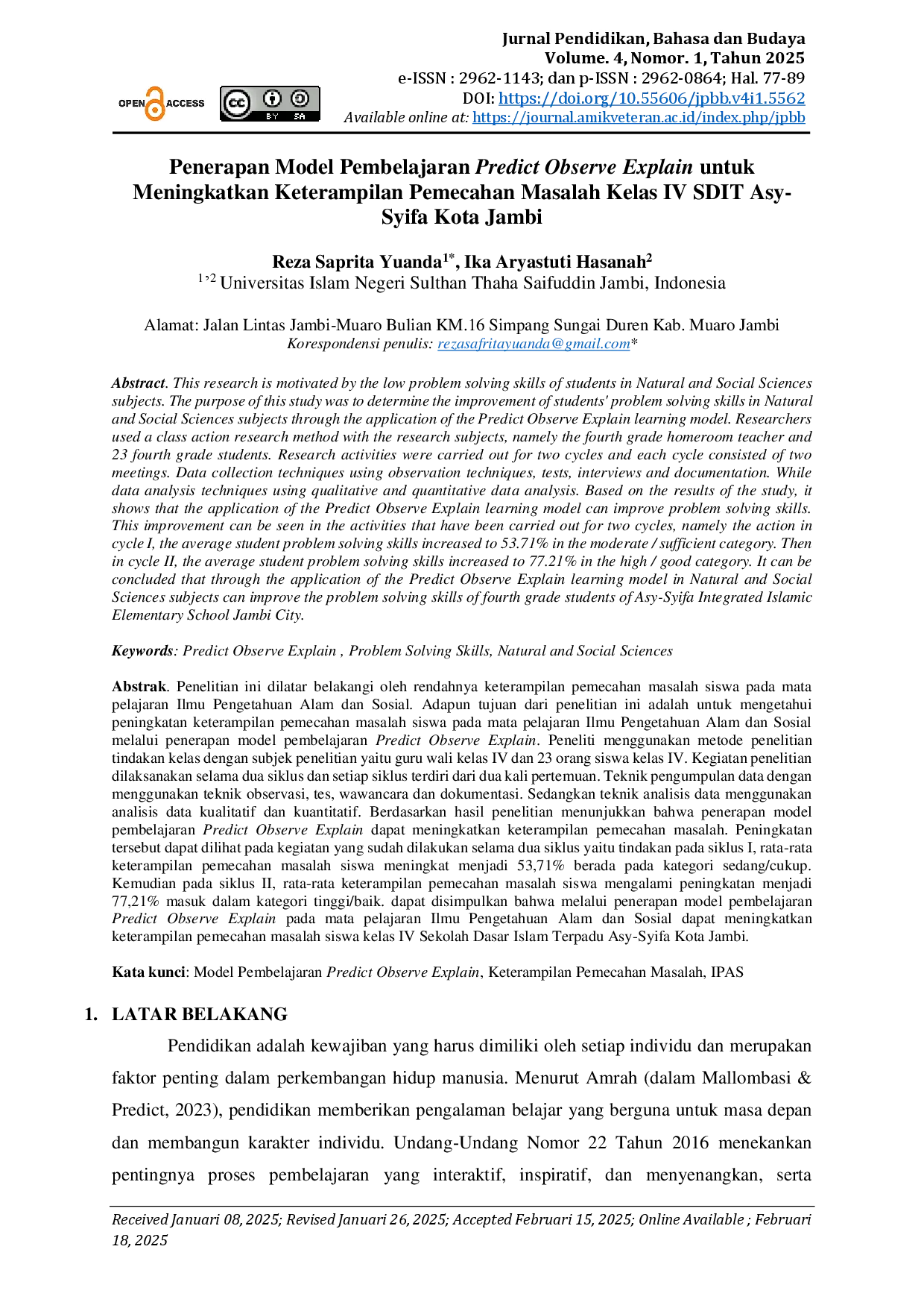 juris Penerapan Model Pembelajaran Predict Observe Explain untuk Meningkatkan Keterampilan Pemecahan Masalah Kelas IV SDIT Asy Syifa Kota Jambi