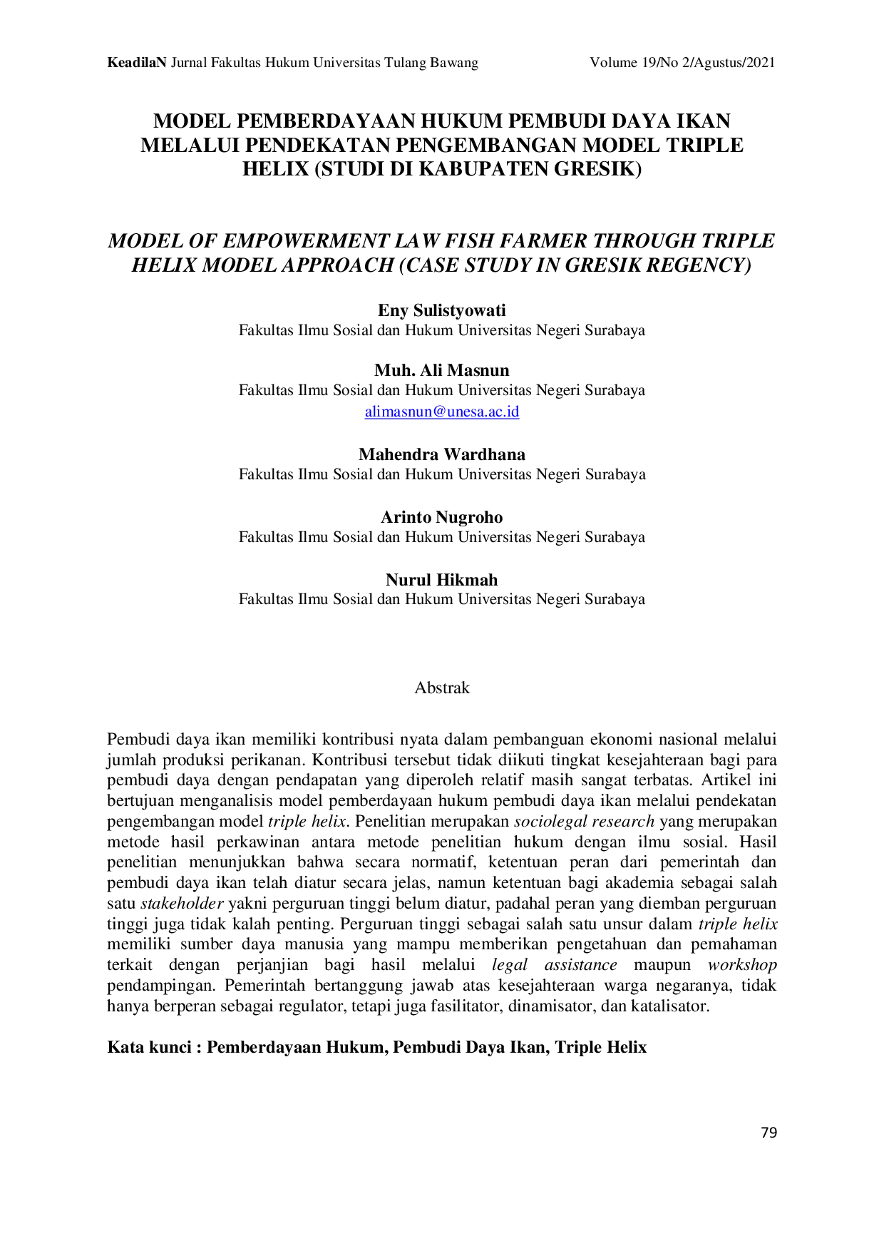JURIS Model Pemberdayaan Hukum Pembudi Daya Ikan Melalui Pendekatan Pengembangan Model Triple Helix Studi Di Kabupaten Gresik