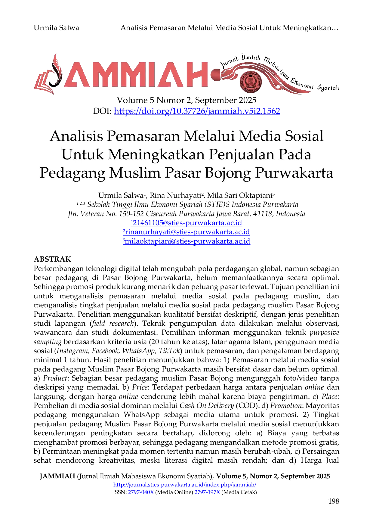 JURIS Analisis Pemasaran Melalui Media Sosial Untuk Meningkatkan Penjualan Pada Pedagang Muslim Pasar Bojong Purwakarta