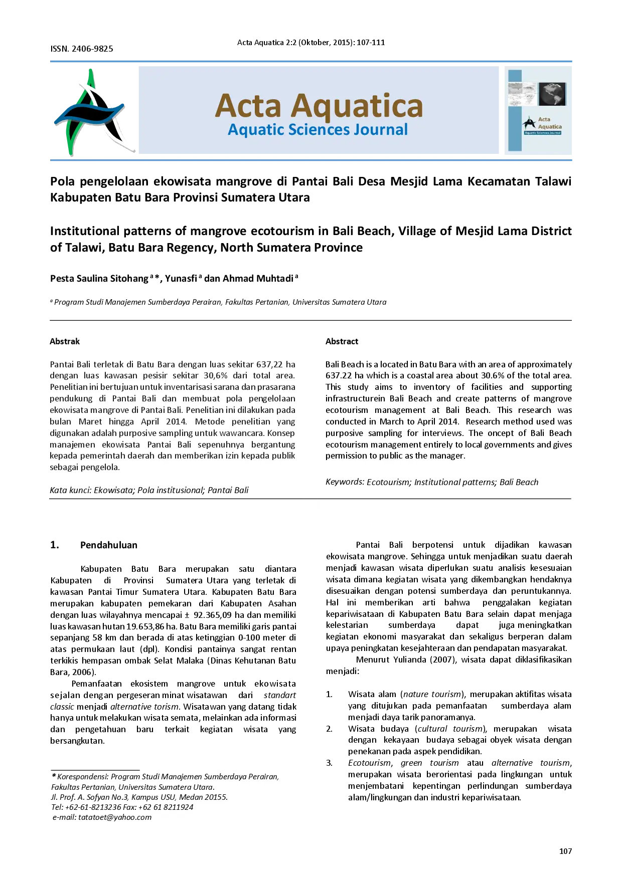 juris Pola pengelolaan ekowisata mangrove di Pantai Bali Desa Mesjid Lama Kecamatan Talawi Kabupaten Batu Bara Provinsi Sumatera Utara