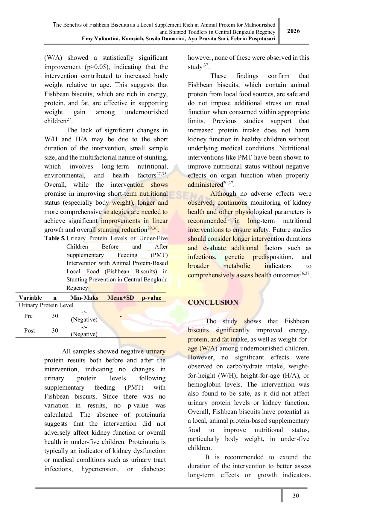 JURIS The Benefits of Fishbean Biscuits as a Local Supplement Rich in Animal Protein for Malnourished and Stunted Toddlers in Central Bengkulu Regency