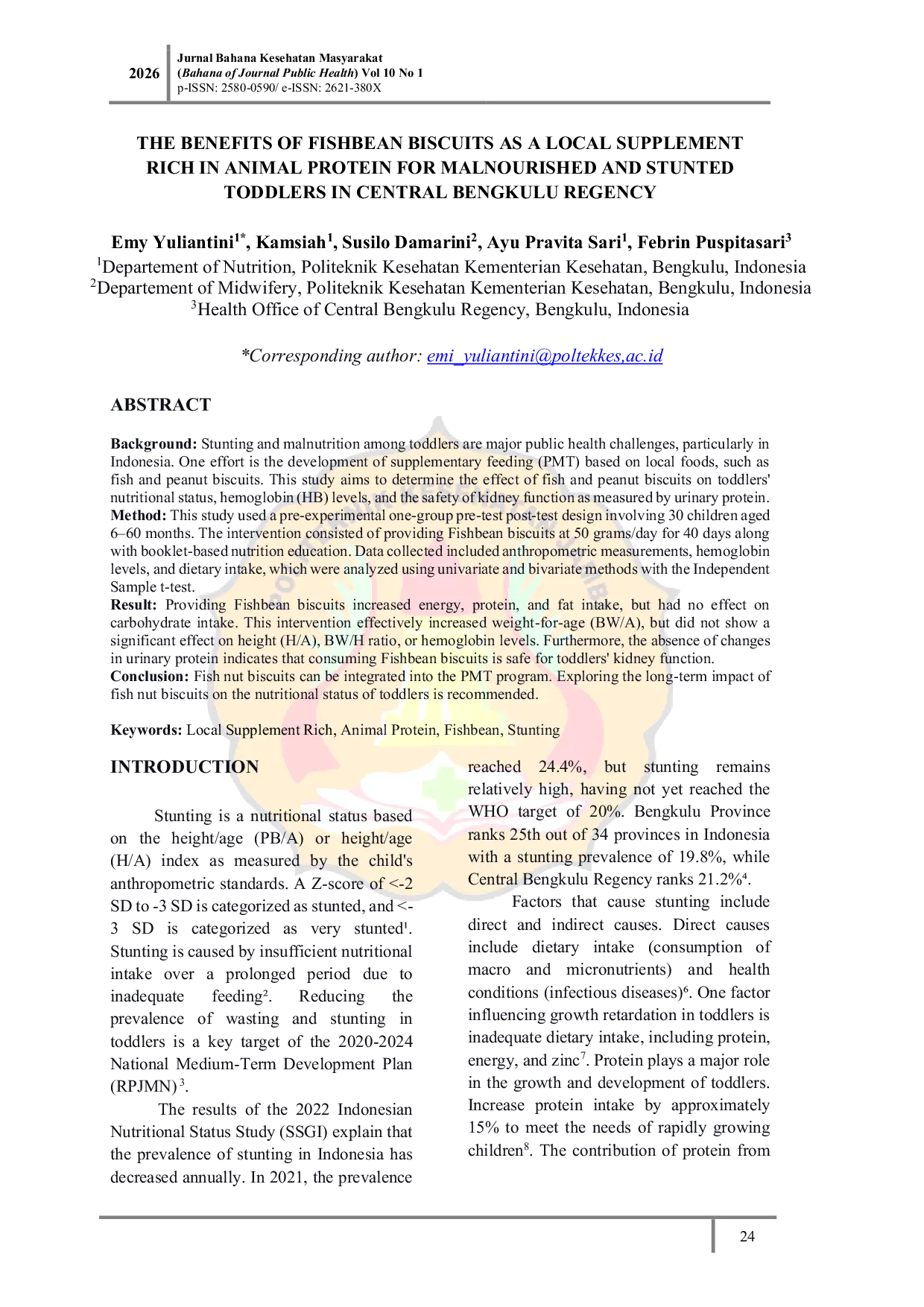 JURIS The Benefits of Fishbean Biscuits as a Local Supplement Rich in Animal Protein for Malnourished and Stunted Toddlers in Central Bengkulu Regency