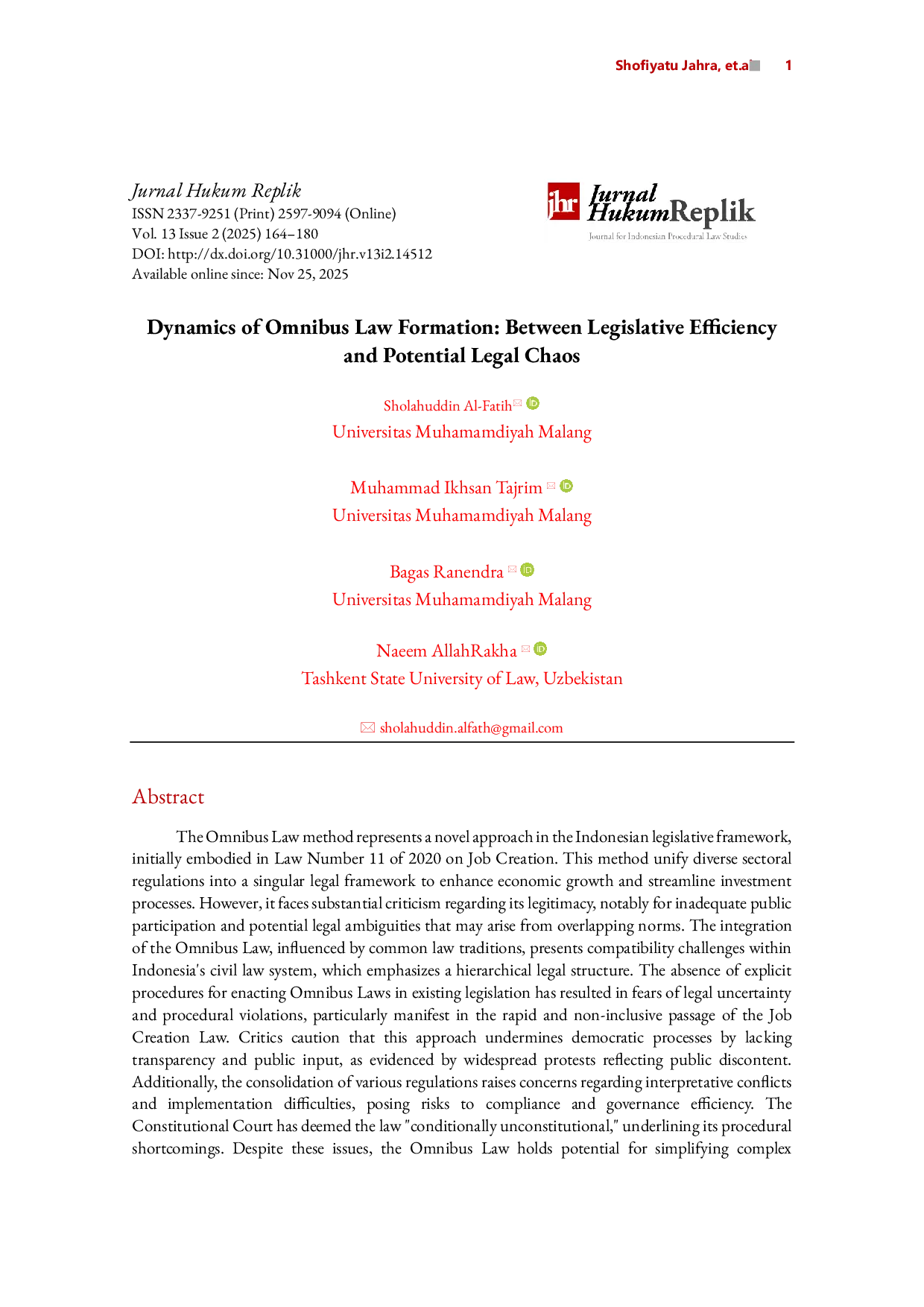 JURIS Dynamics of Omnibus Law Formation Between Legislative Efficiency and Potential Legal Chaos