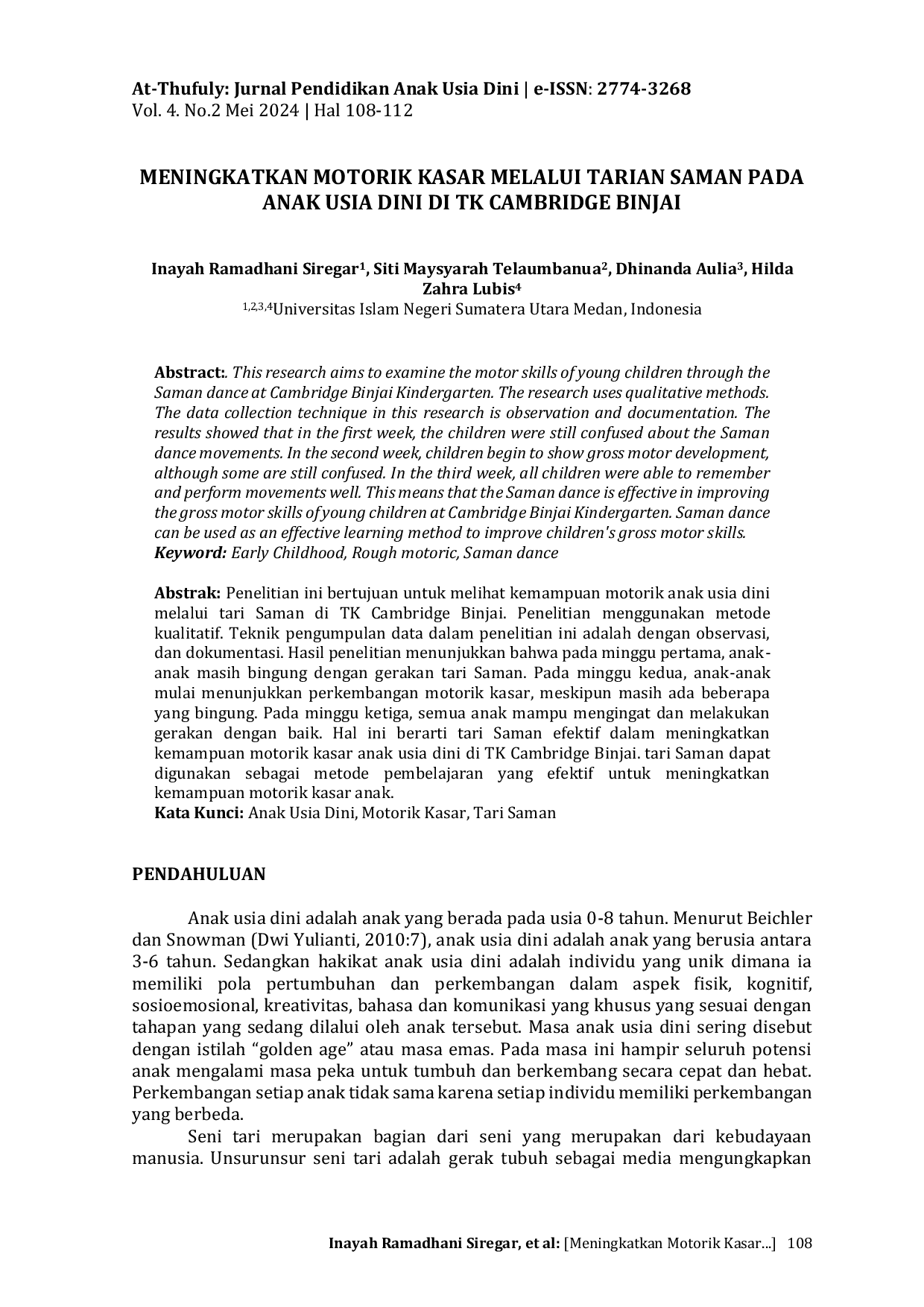 JURIS Meningkatkan Motorik Kasar Melalui Tarian Saman Pada Anak Usia Dini Di TK Cambridge Binjai