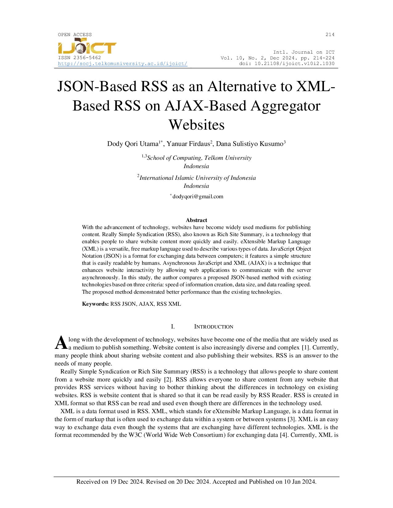JURIS JSON Based RSS as an Alternative to XML Based RSS on AJAX Based Aggregator Websites