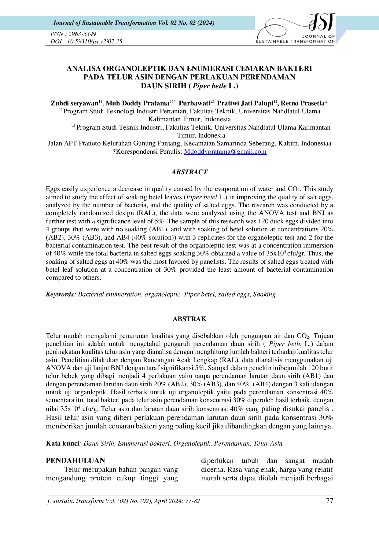 JURIS ANALISA ORGANOLEPTIK DAN ENUMERASI CEMARAN BAKTERI PADA TELUR ASIN DENGAN PERLAKUAN PERENDAMAN DAUN SIRIH Piper betle L