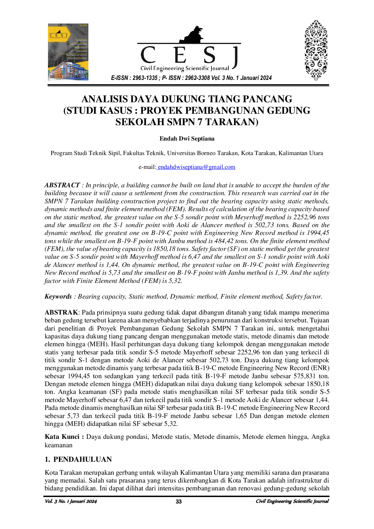 JURIS Analisis Daya Dukung Tiang Pancang Studi Kasus Proyek Pembangunan Gedung Sekolah SMPN 7 Tarakan