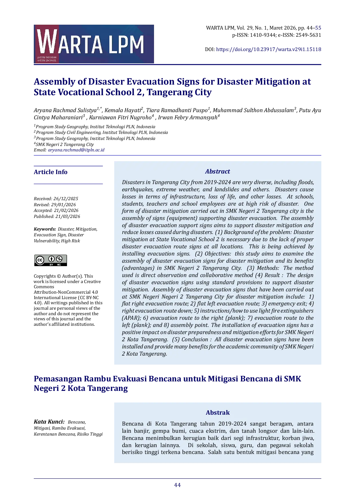 JURIS Assembly of Disaster Evacuation Signs for Disaster Mitigation at State Vocational School 2 Tangerang City