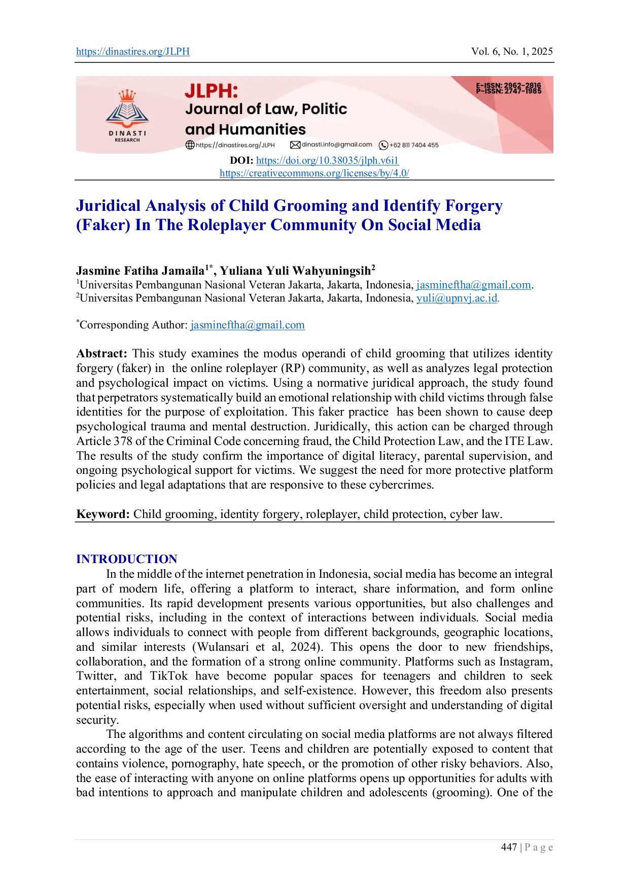 JURIS Juridical Analysis Of Child Grooming And Identify Forgery Faker In The Roleplayer Community On Social Media
