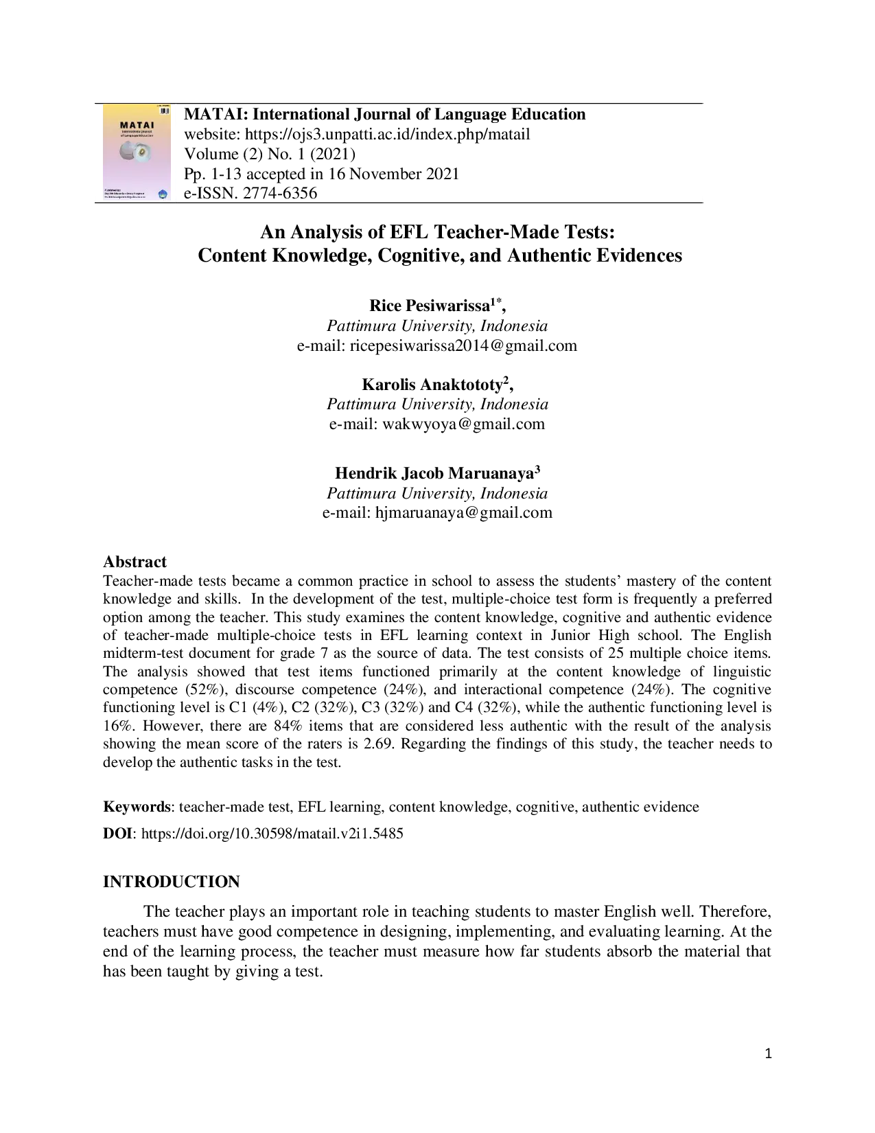 JURIS An Analysis of EFL Teacher Made Tests