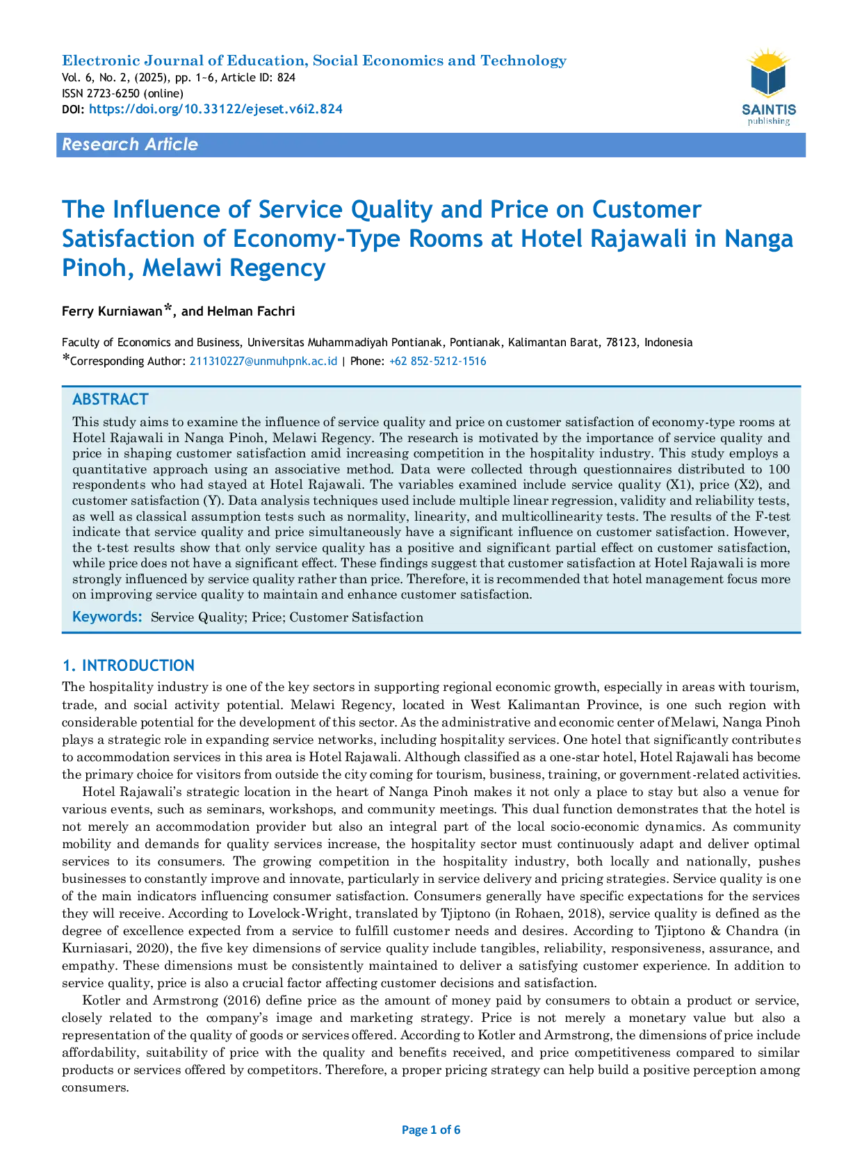 JURIS The Influence of Service Quality and Price on Customer Satisfaction of Economy Type Rooms at Hotel Rajawali in Nanga Pinoh Melawi Regency