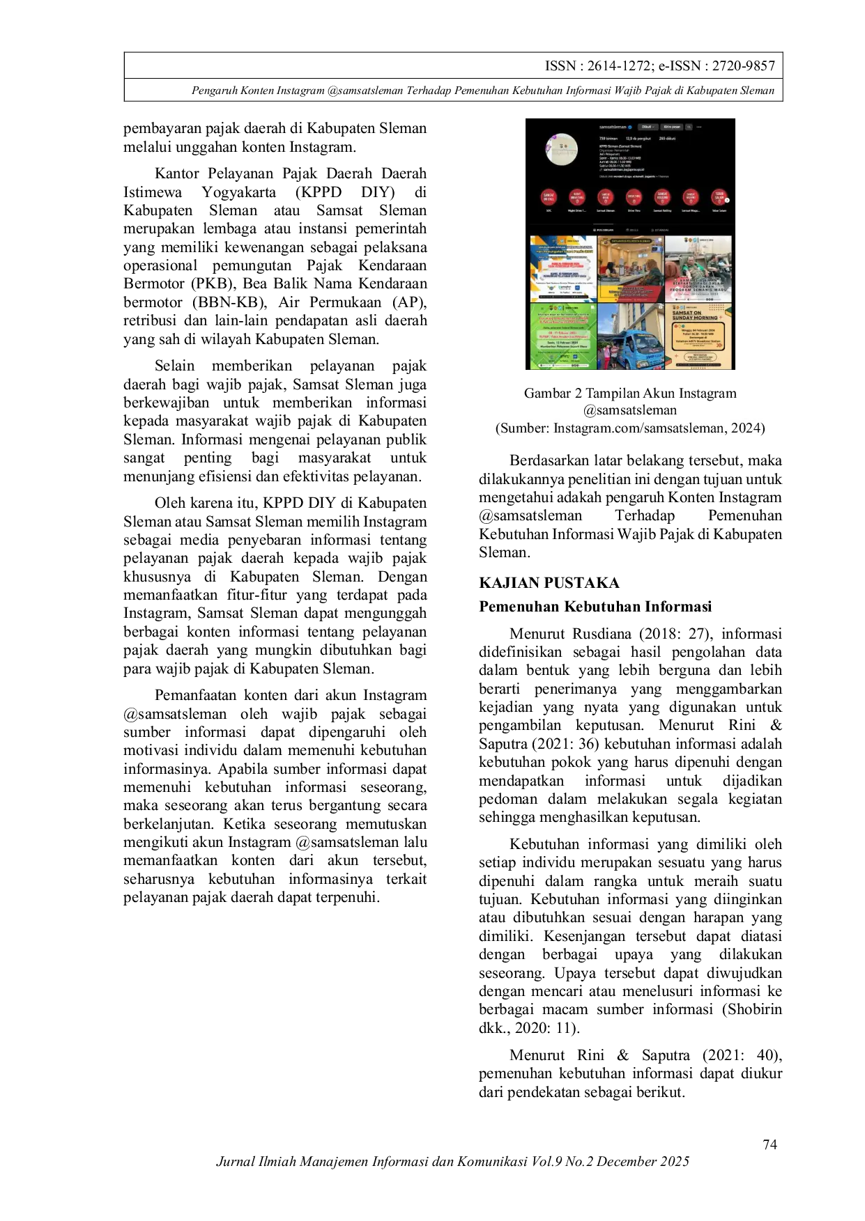 JURIS Pengaruh Konten Instagram samsatsleman Terhadap Pemenuhan Kebutuhan Informasi Wajib Pajak di Kabupaten Sleman