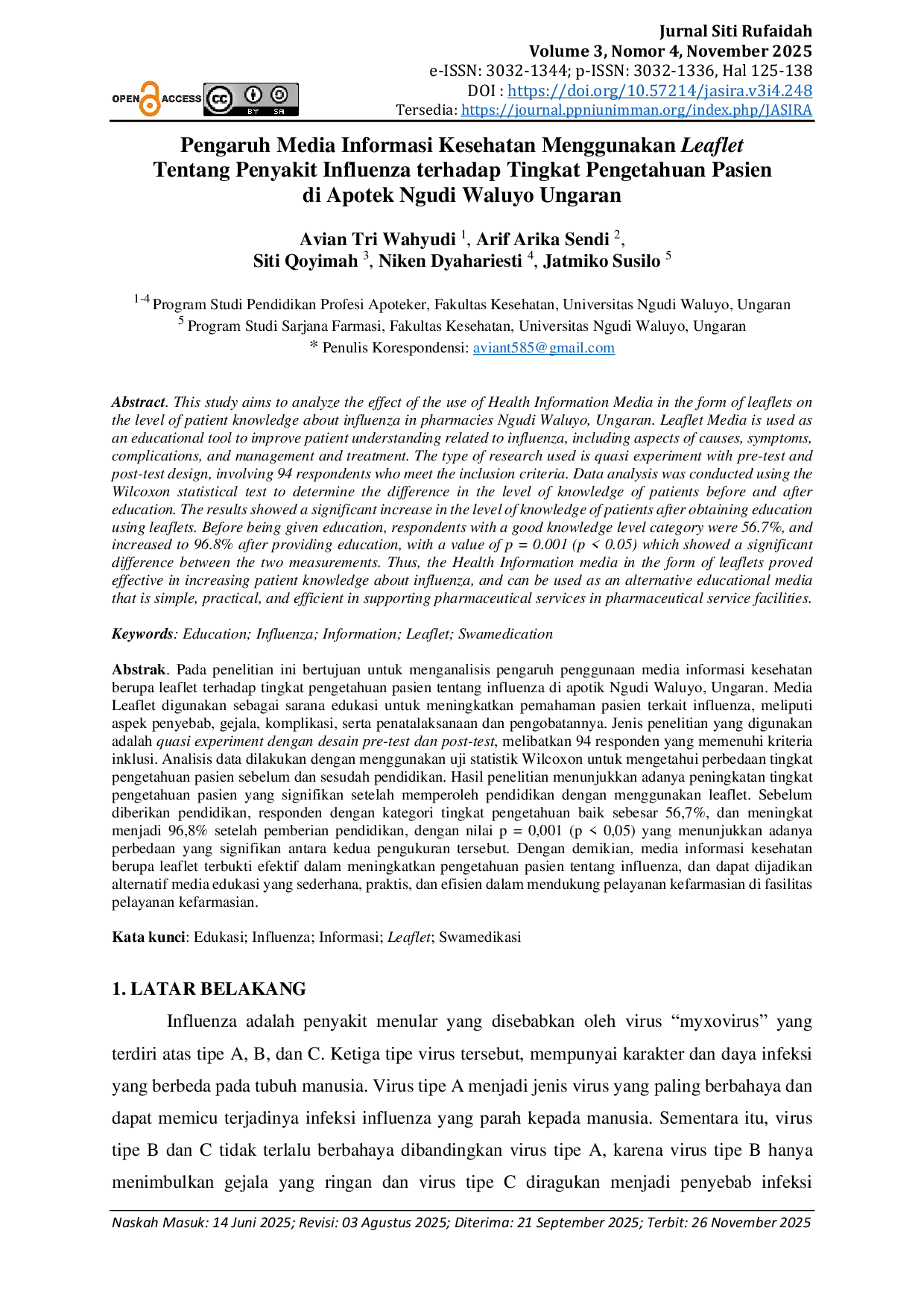 JURIS Pengaruh Media Informasi Kesehatan Menggunakan Leaflet Tentang Penyakit Influenza terhadap Tingkat Pengetahuan Pasien di Apotek Ngudi Waluyo Ungaran