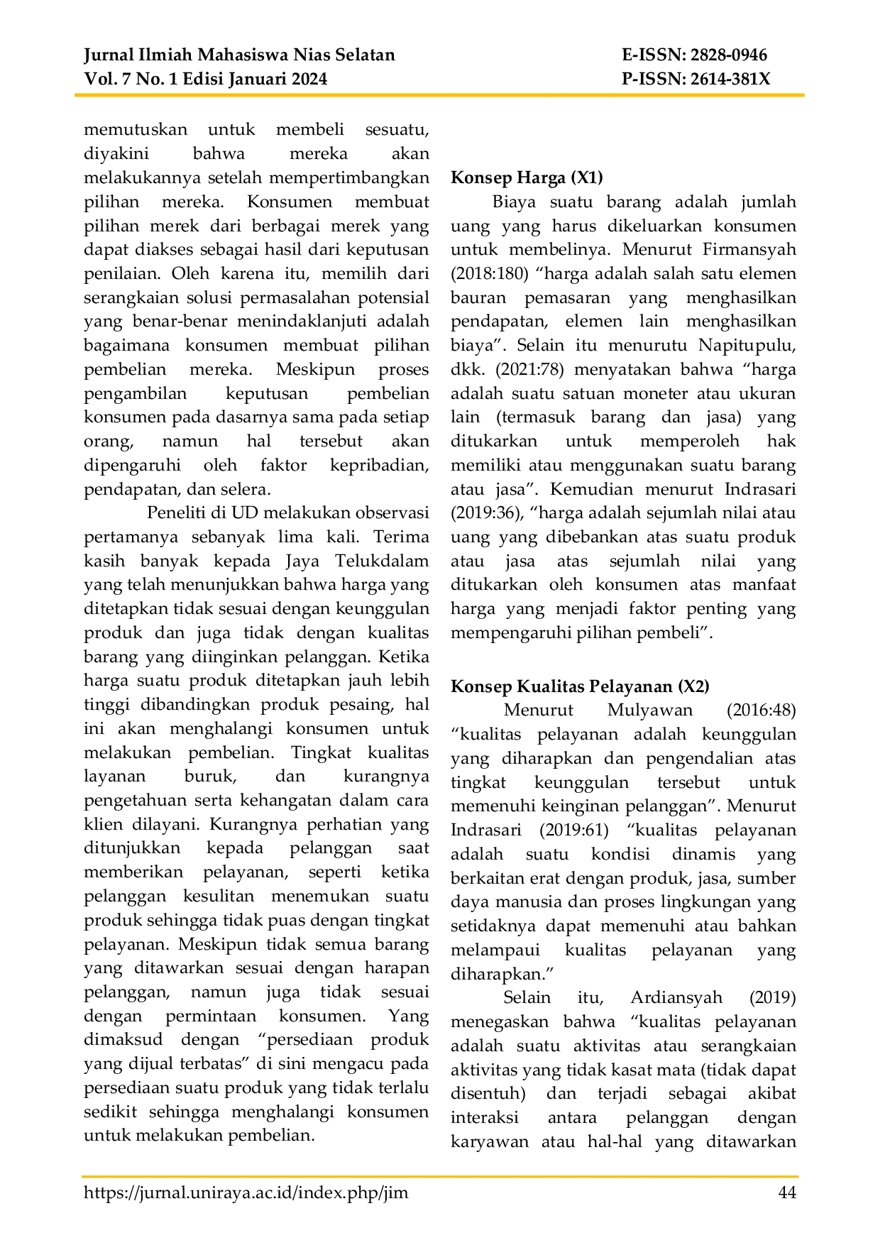 JURIS PENGARUH HARGA DAN KUALITAS PELAYANAN TERHADAP KEPUTUSAN PEMBELIAN DI UD BERKAT JAYA KECAMATAN TELUKDALAM