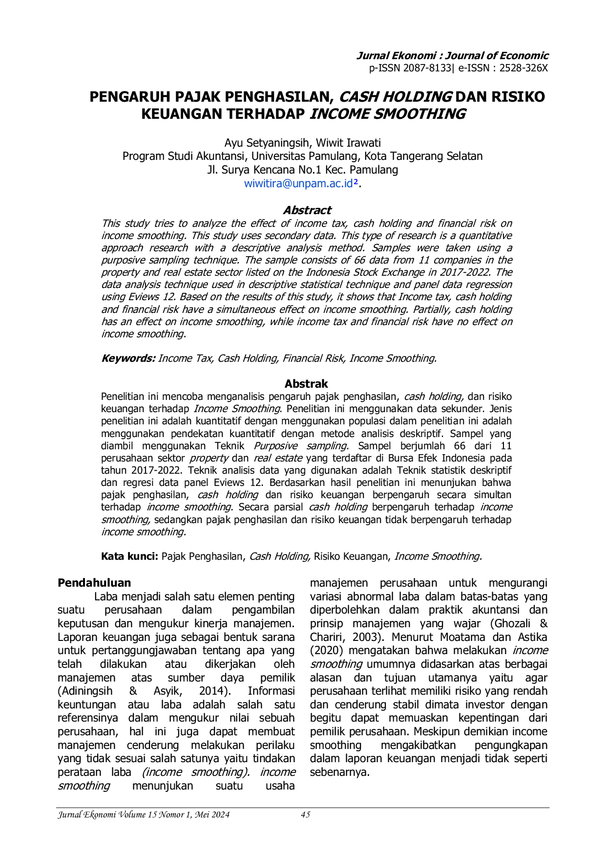 JURIS Pengaruh Pajak Penghasilan Cash Holding dan Risiko Keuangan Terhadap Income Smoothing