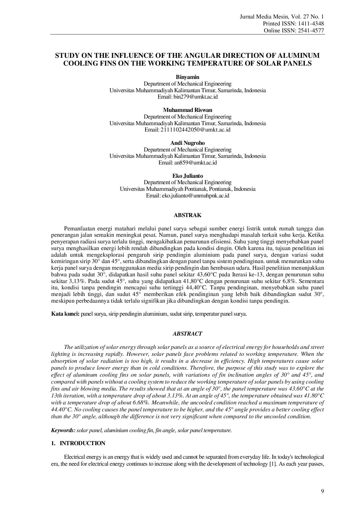 JURIS Study On The Influence Of The Angular Direction Of Aluminum Cooling Fins On The Working Temperature Of Solar Panels
