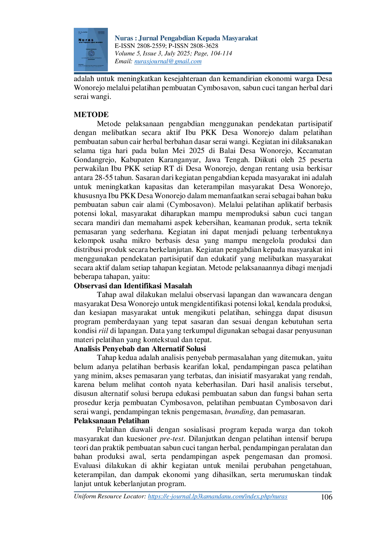 JURIS Pemberdayaan Masyarakat Wonorejo Melalui Pelatihan Pembuatan Cymbosavon Handwash Serai Wangi sebagai Upaya Penguatan Ekonomi Masyarakat