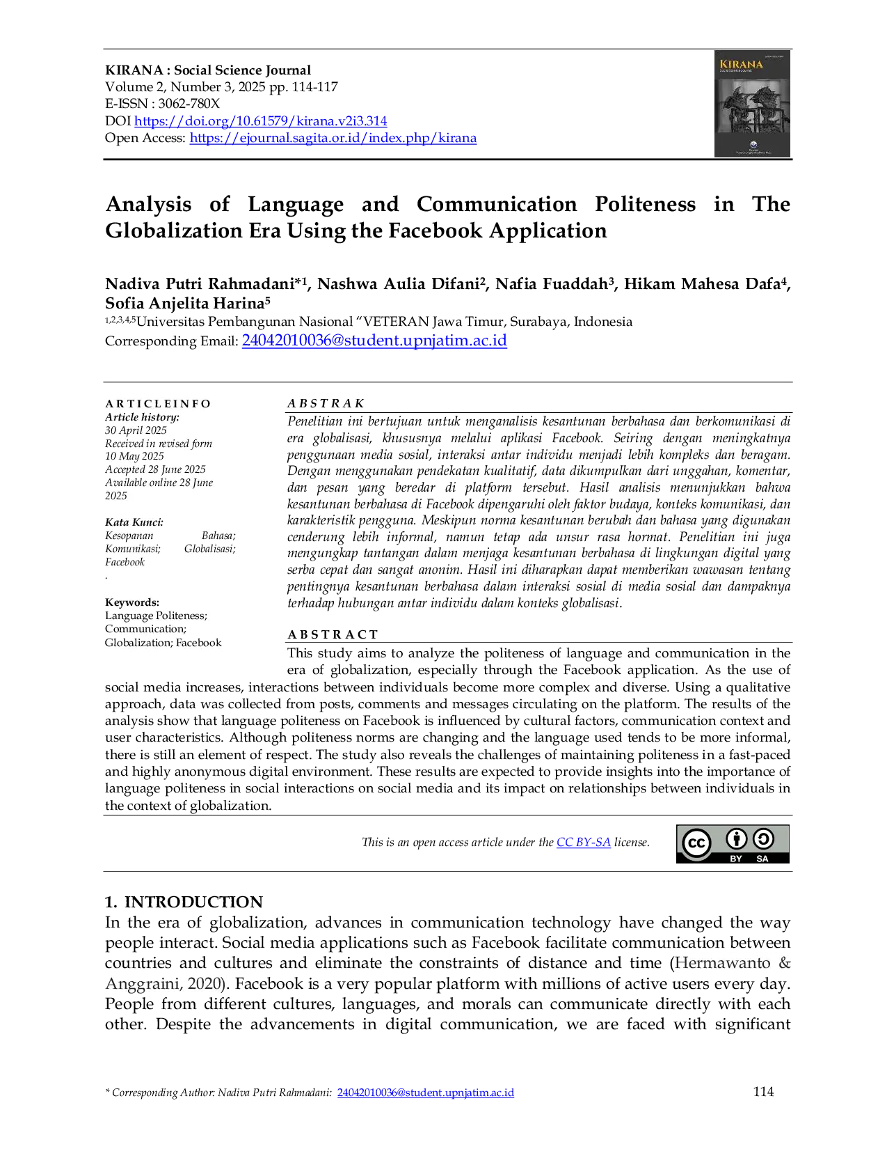 JURIS Analysis of Language and Communication Politeness in The Globalization Era Using the Facebook Application