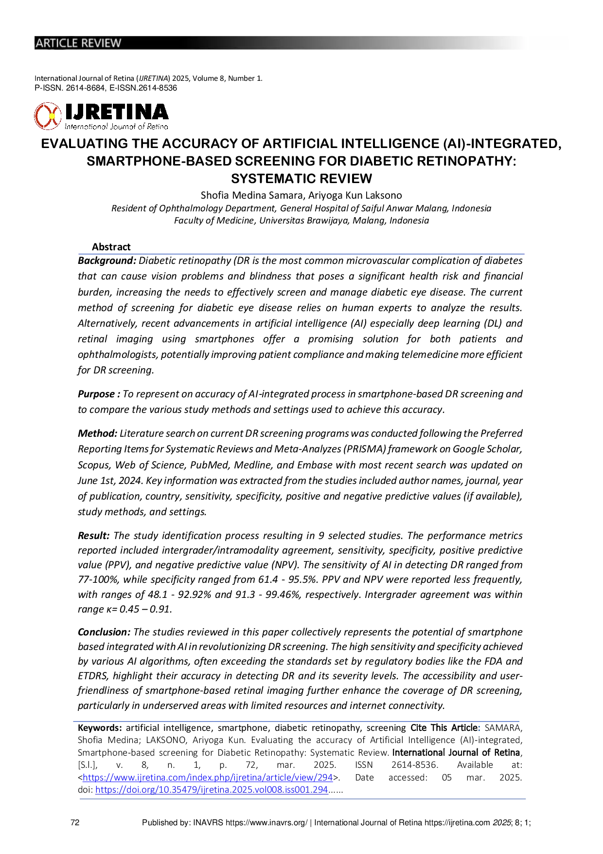 JURIS Evaluating The Accuracy Of Artificial Intelligence Ai Integrated Smartphone Based Screening For Diabetic Retinopathy Systematic Review