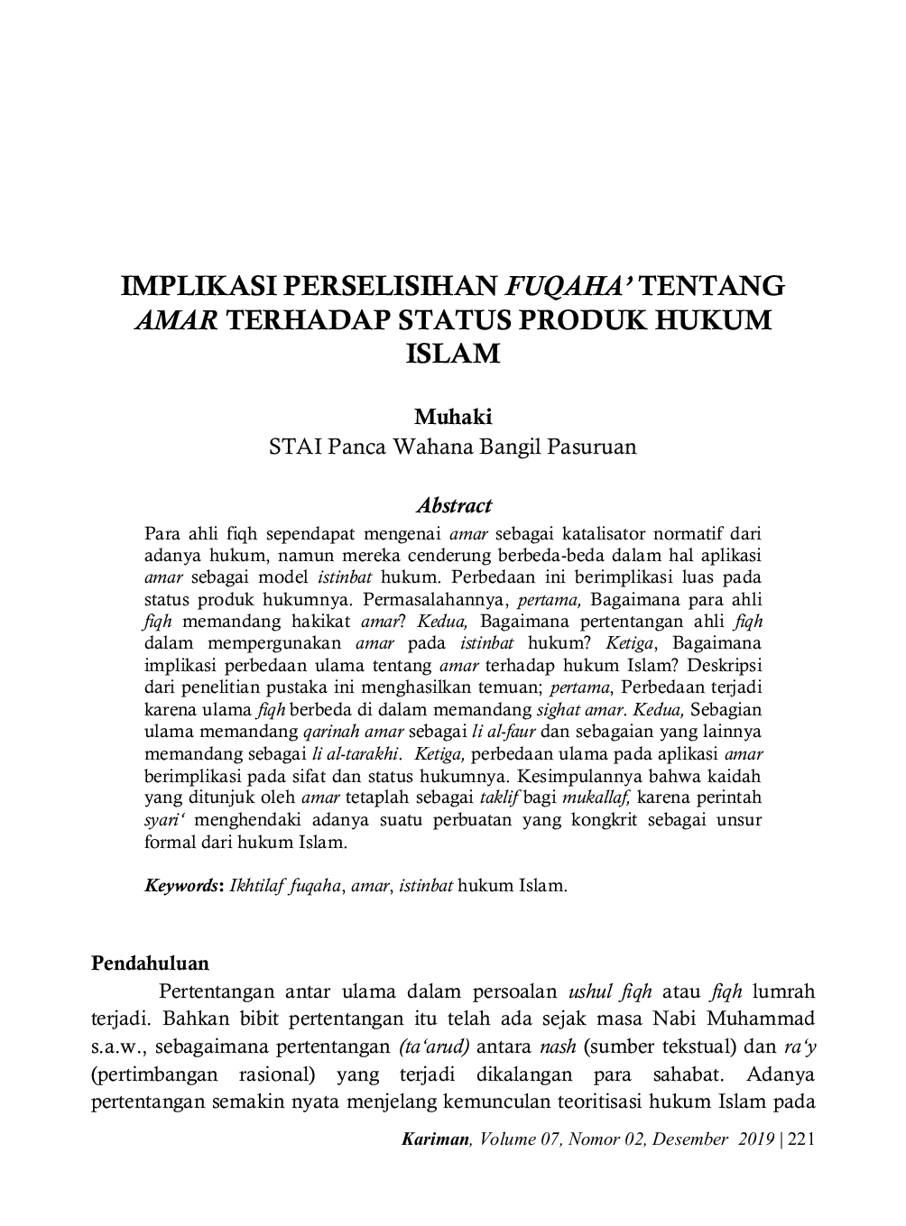 JURIS Implikasi Perselisihan Fuqaha Tentang Amar Terhadap Status Produk Hukum Islam