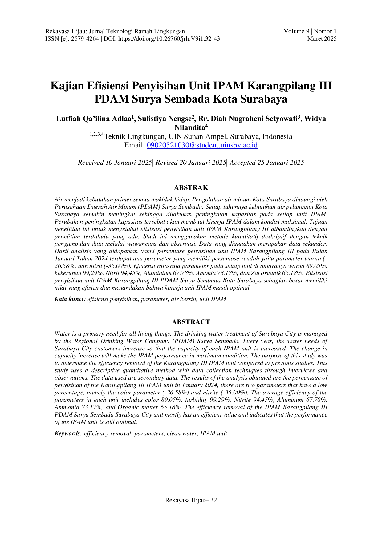 JURIS Kajian Efisiensi Penyisihan Unit IPAM Karangpilang III PDAM Surya Sembada Kota Surabaya