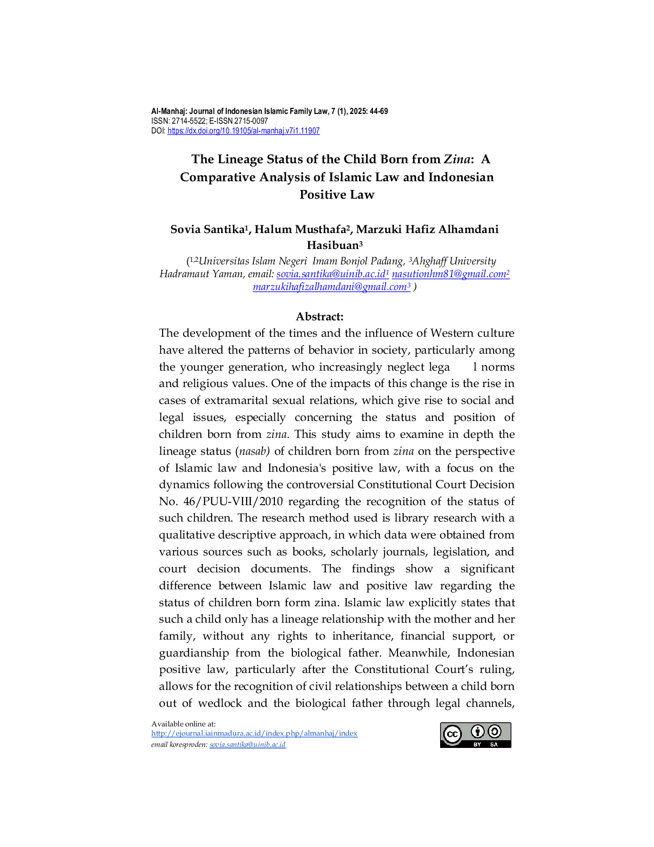 JURIS The Lineage Status of the Child Born from Zina A Comparative Analysis of Islamic Law and Indonesian Positive Law
