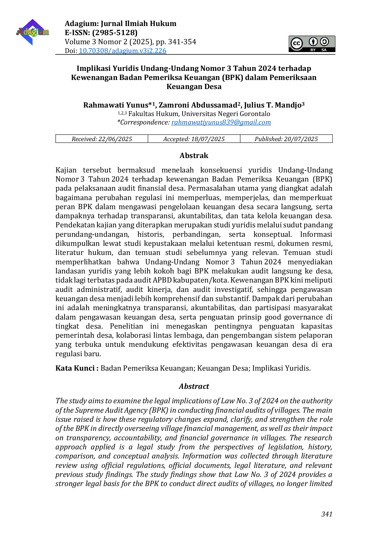 JURIS Implikasi Yuridis Undang Undang Nomor 3 Tahun 2024 terhadap Kewenangan Badan Pemeriksa Keuangan BPK dalam Pemeriksaan Keuangan Desa