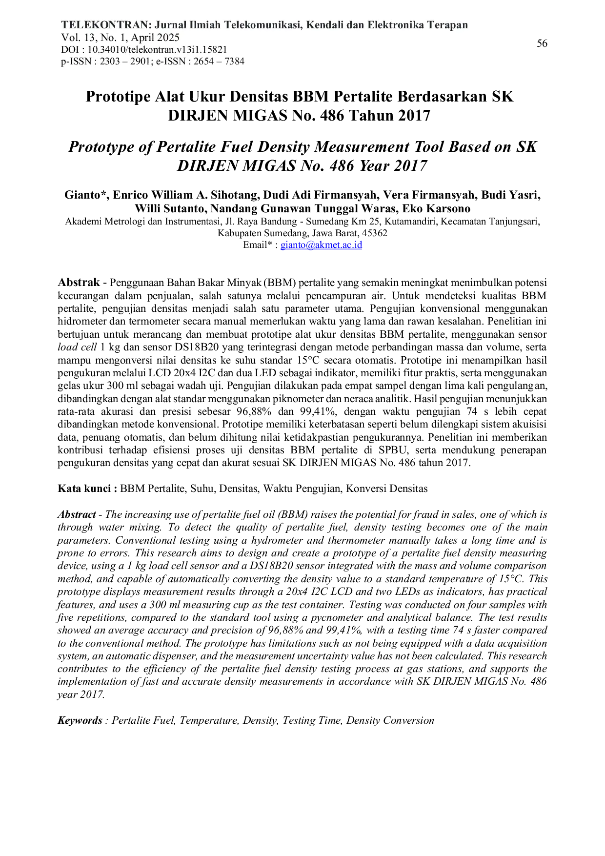 JURIS Prototipe Alat Ukur Densitas BBM Pertalite Berdasarkan SK DIRJEN MIGAS No 486 Tahun 2017