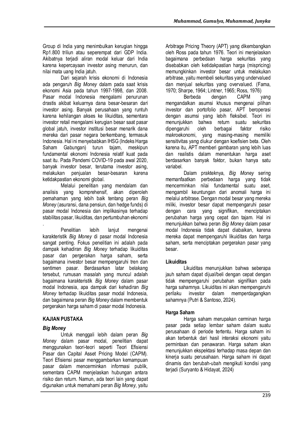 JURIS Peran Big Money dalam Pasar Modal Indonesia Analisis Dampak terhadap Likuiditas Harga Saham dan Arah Sentimen Pasar