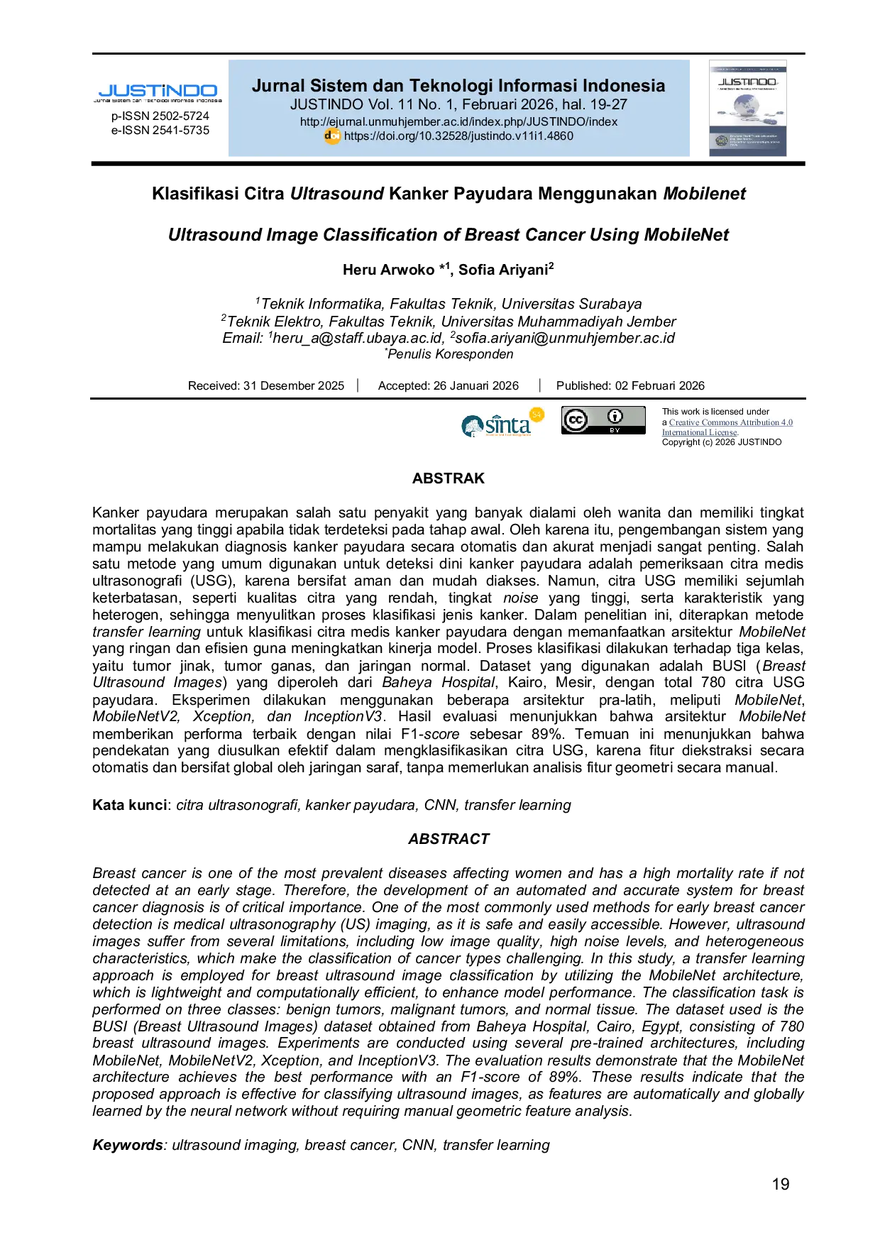 JURIS Ultrasound Image Classification of Breast Cancer Using MobileNet
