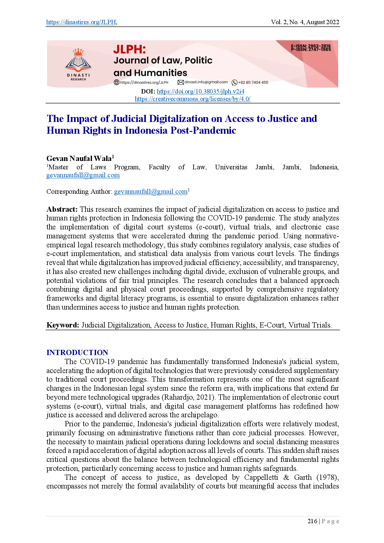 juris The Impact of Judicial Digitalization on Access to Justice and Human Rights in Indonesia Post Pandemic