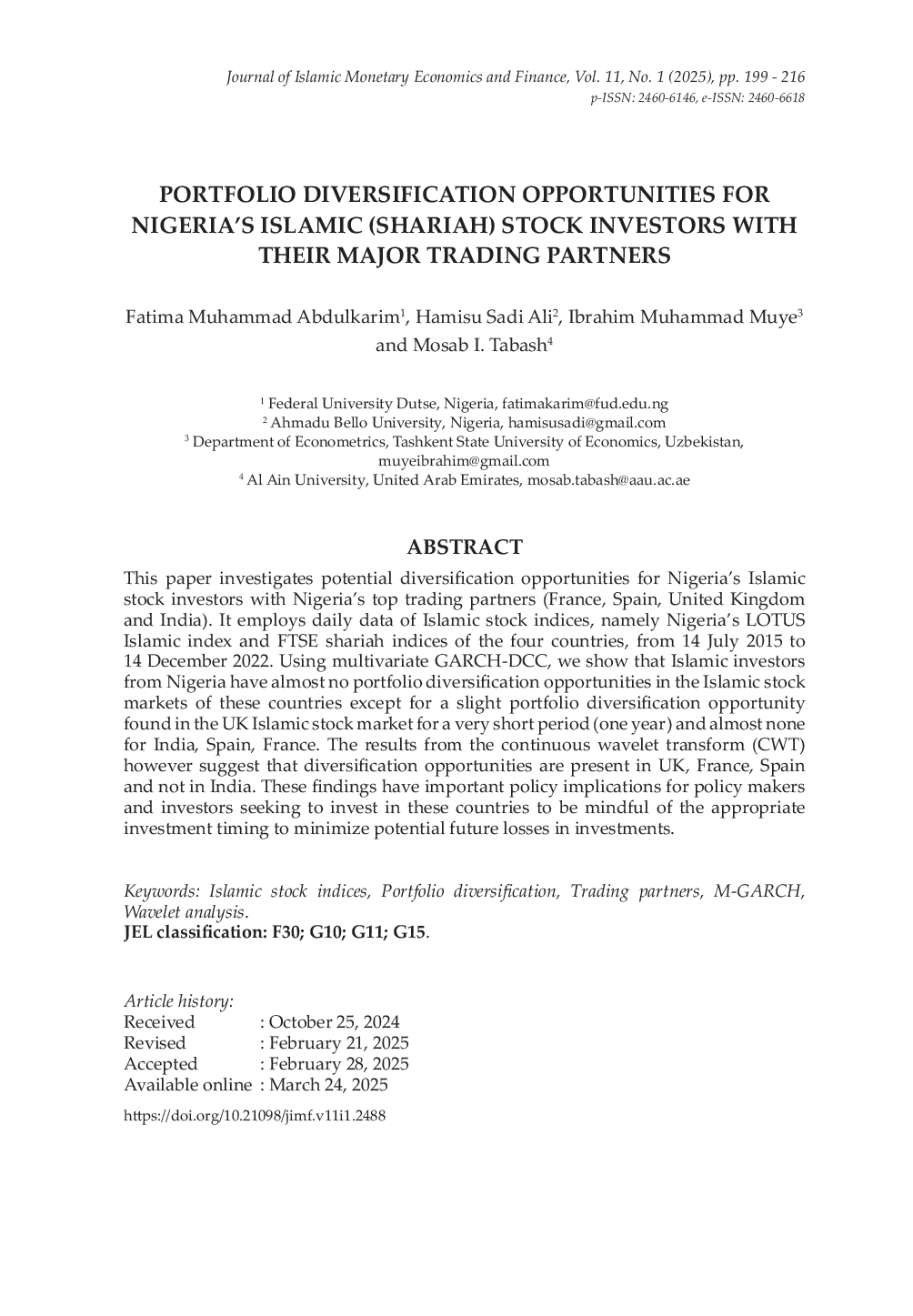 JURIS Portfolio Diversification Opportunities for Nigeria s Islamic Shariah Stock Investors with Their Major Trading Partners