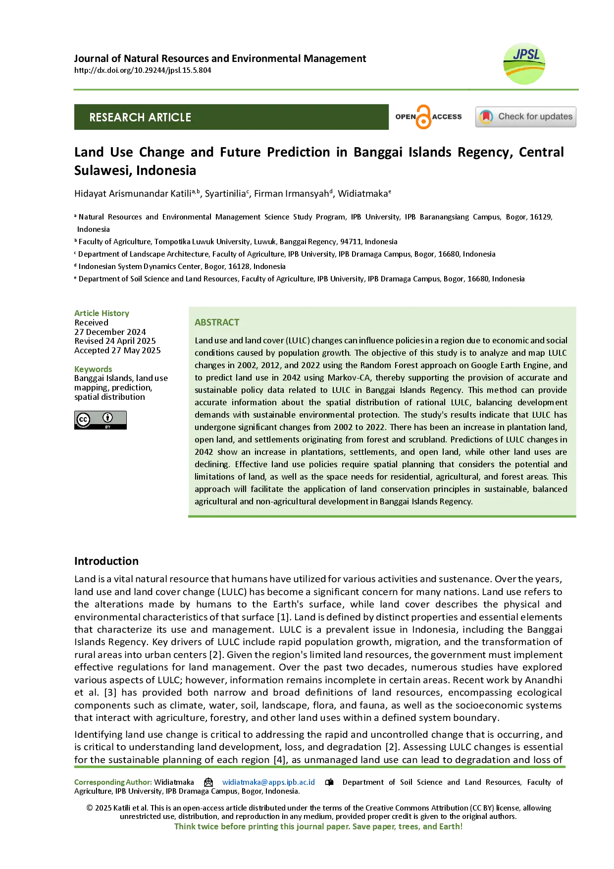 juris Land Use Change and Future Prediction in Banggai Islands Regency Central Sulawesi Indonesia