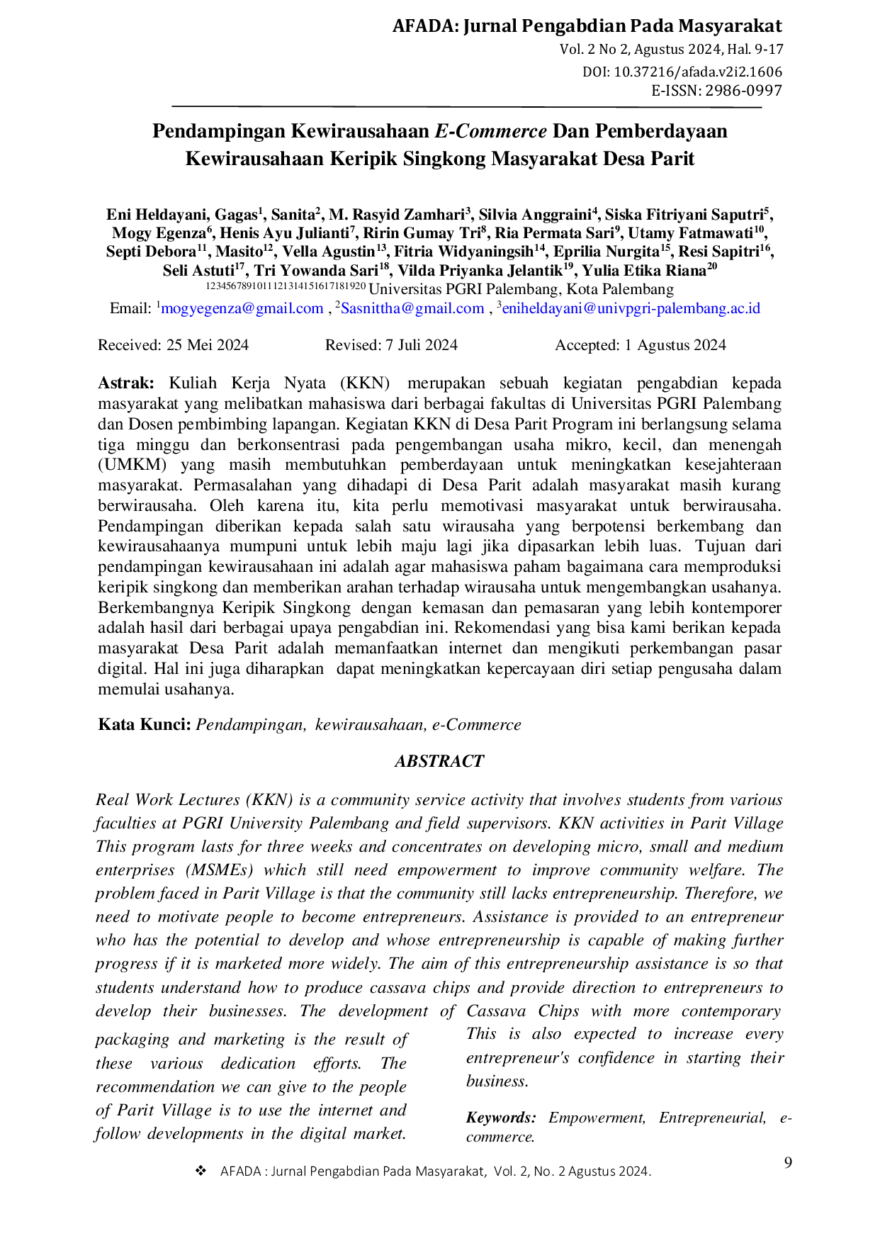 JURIS Pendampingan Kewirausahaan E Commerce Dan Pemberdayaan Kewirausahaan Keripik Singkong Masyarakat Desa Parit