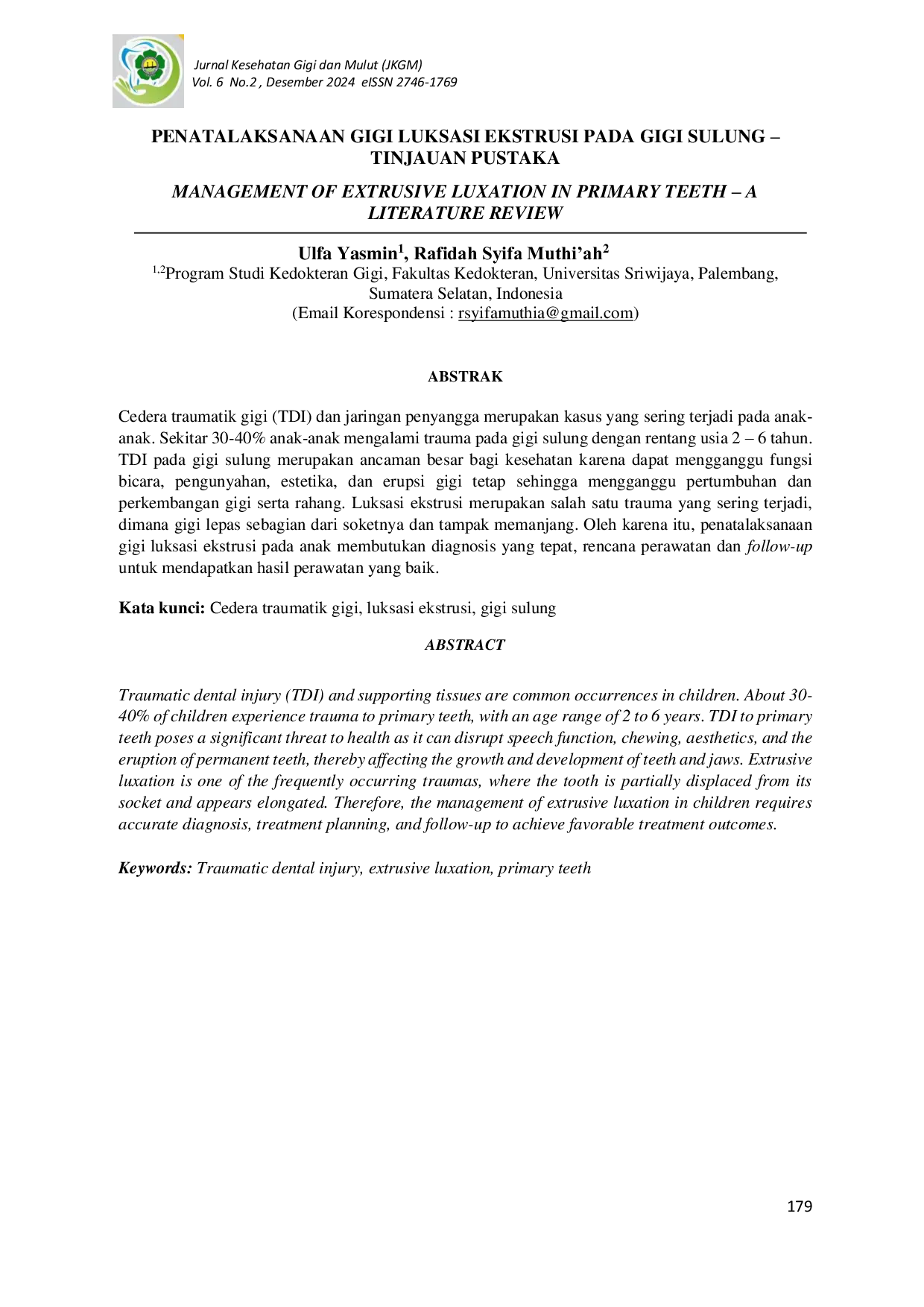 JURIS Penatalaksanaan Gigi Luksasi Ekstrusi pada Gigi Sulung Tinjauan Pustaka