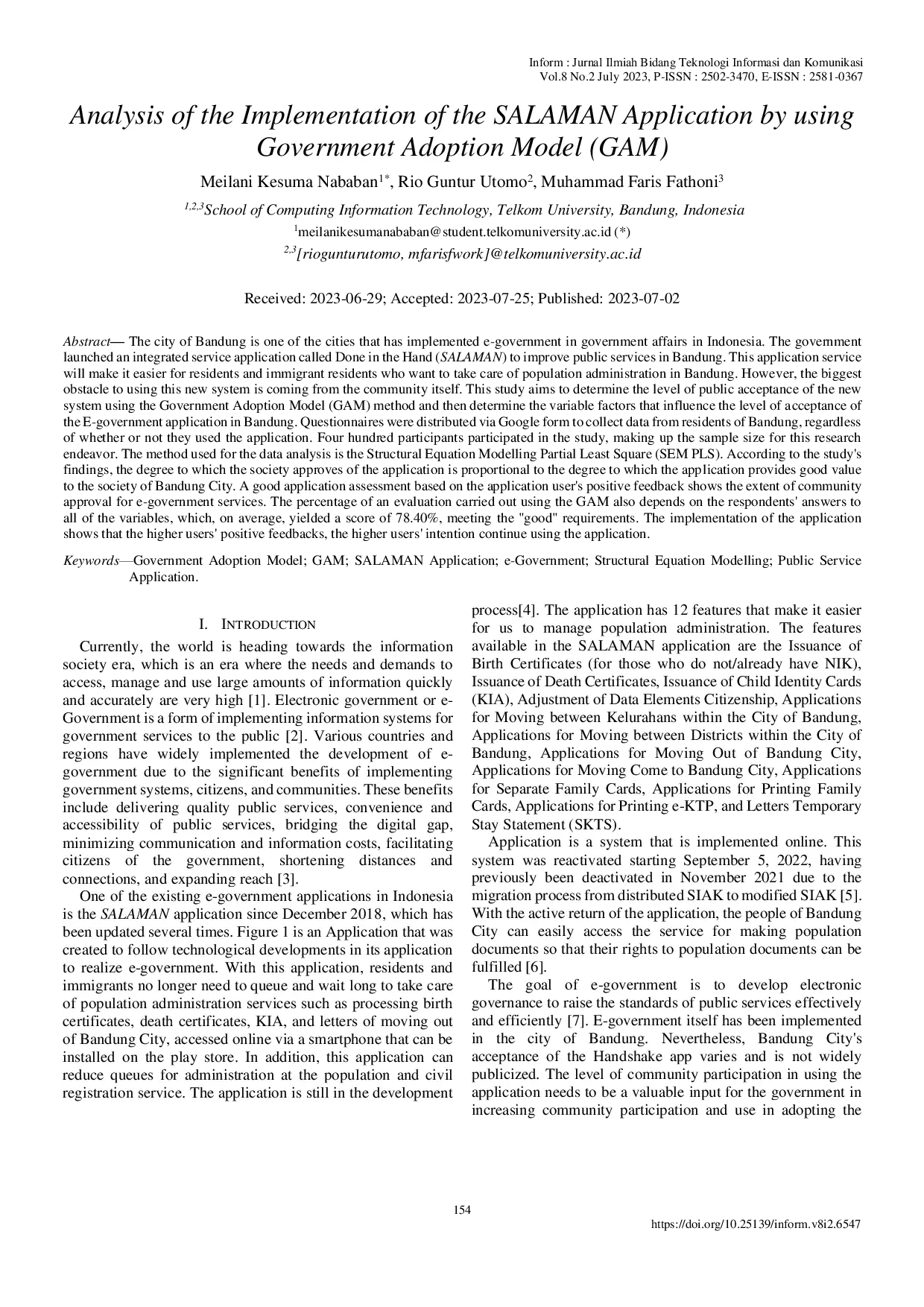 JURIS Analysis of the Implementation of the SALAMAN Application by using Government Adoption Model GAM
