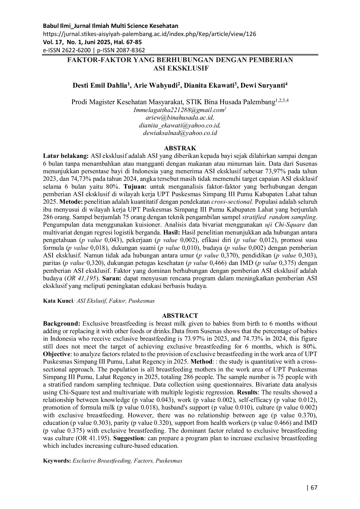 JURIS Faktor Faktor Yang Berhubungan Dengan Pemberian Asi Eksklusif
