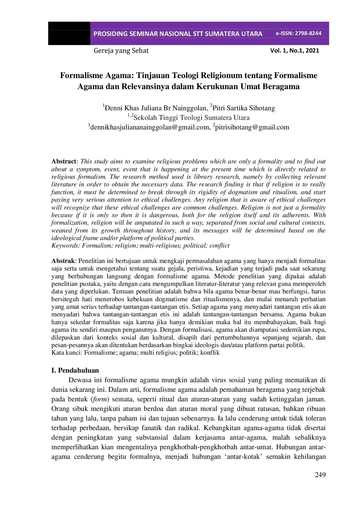 JURIS Formalisme Agama Tinjauan Teologi Religionum tentang Formalisme Agama dan Relevansinya dalam Kerukunan Umat Beragama