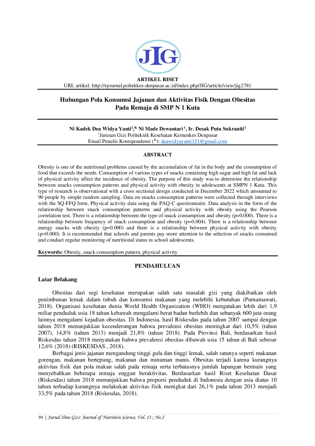 JURIS Hubungan Pola Konsumsi Jajanan dan Aktivitas Fisik Dengan Obesitas Pada Remaja di SMP N 1 Kuta