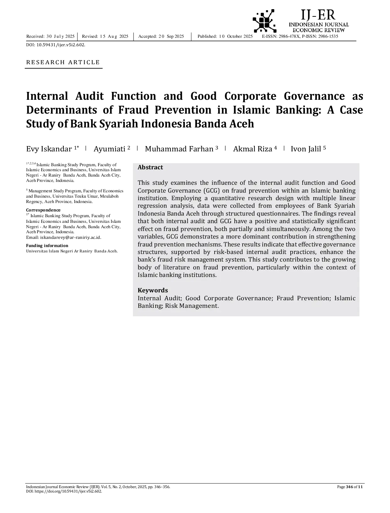JURIS Internal Audit Function and Good Corporate Governance as Determinants of Fraud Prevention in Islamic Banking A Case Study of Bank Syariah Indonesia Banda Aceh